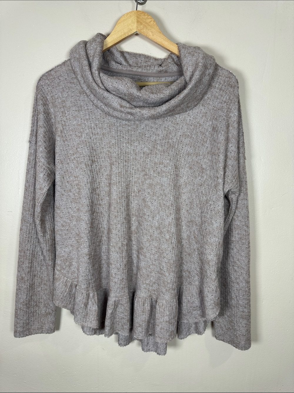 Maeve Anthropologie Rib Knit Cowl Neck Ruffle Hem Sweater S Comfy Cottagecore